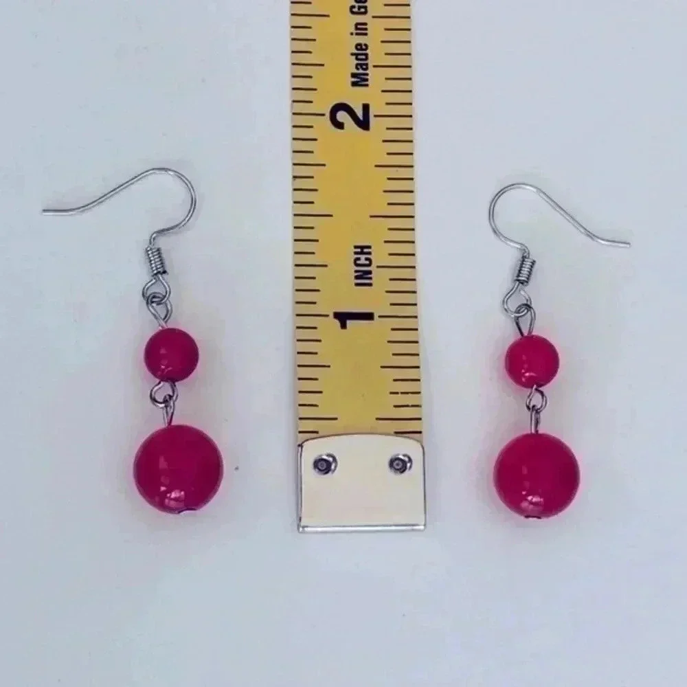 Red Tourmaline 10mm & 6mm Double Bead Silver Drop Earrings NWT